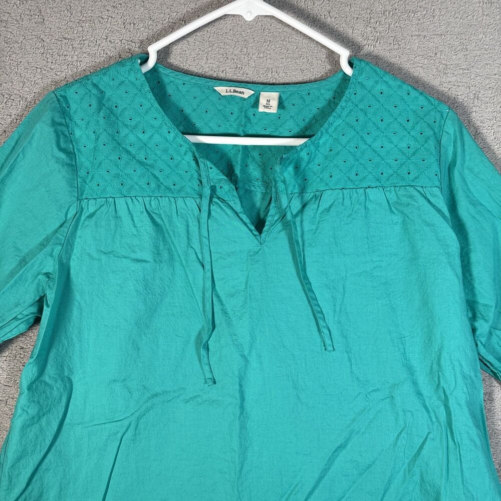 LL Bean Top Women’s Size M Teal Eyelet Chest Tie Neck‎ 3/4 Sleeve Blouse Shirt - Picture 3 of 11